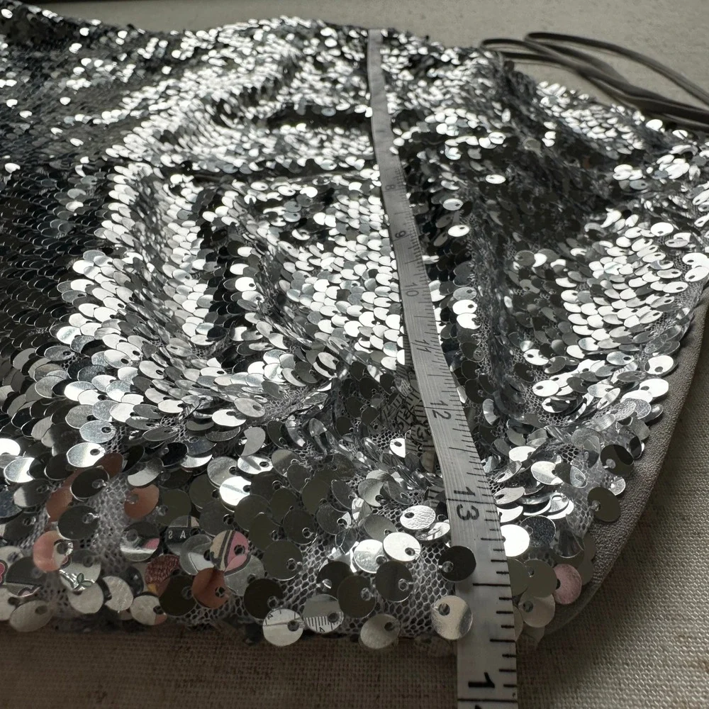 Reformation Tula Top Silver Sequin Halter Top Open Back 0 - Picture 6 of 8